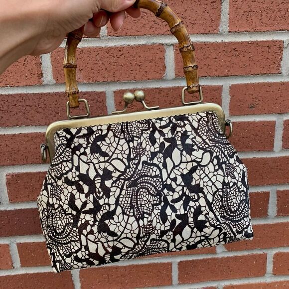 Chic Handmade Real hair-on-horsehide Black Lace Printed, Bamboo Handle Bag - Picture 3 of 16